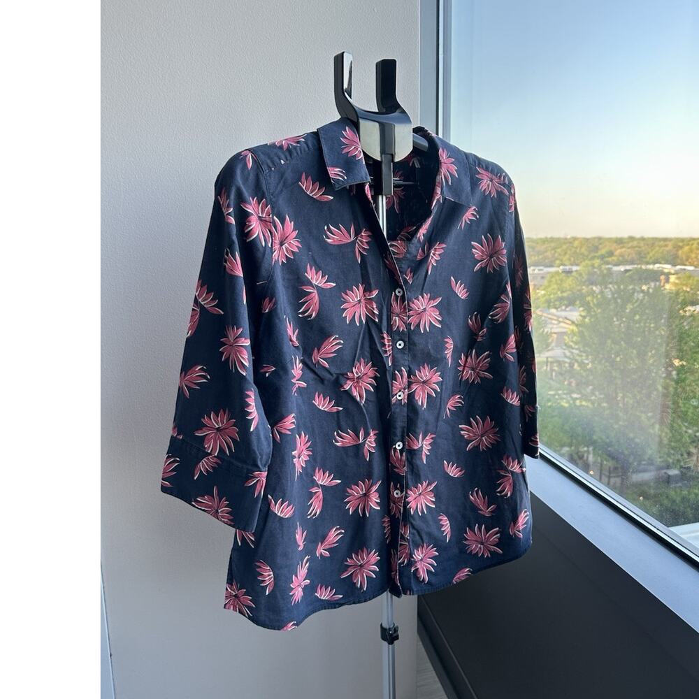 Foxcroft NYC Wrinkle Resistant Navy Pink Floral Button-Up Blouse Women's 14W